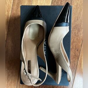 Tahari Two-tone Beige and Black Leather Pointed Heels Slingback